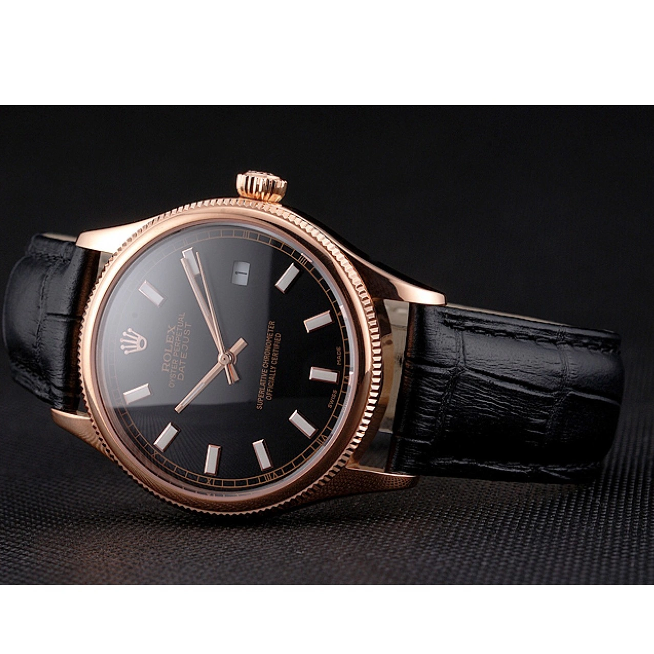 Rolex aaa copy Leather Rolex Dial Swiss Black Strap Gold Rose Case Datejust Black 0602